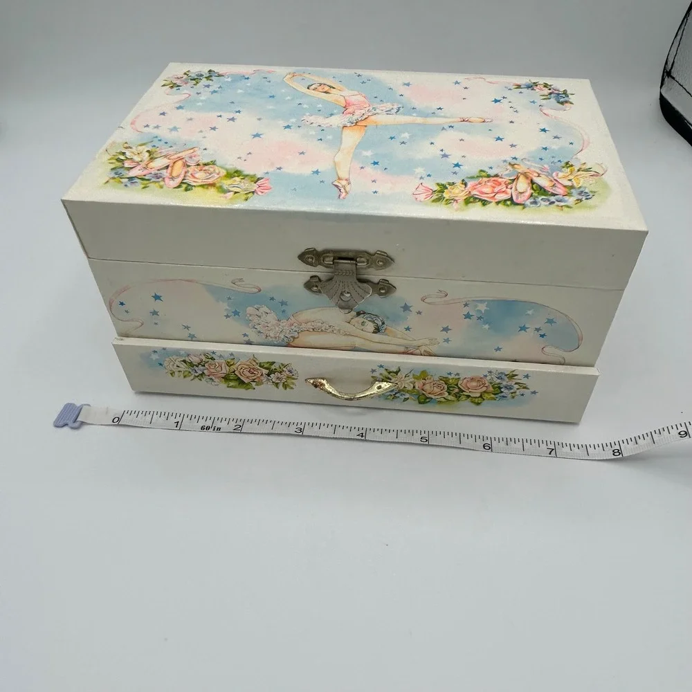 Vintage 1986 Lillian Vernon Ballerina Musical Jewelry Box Pink White Stars 8in
